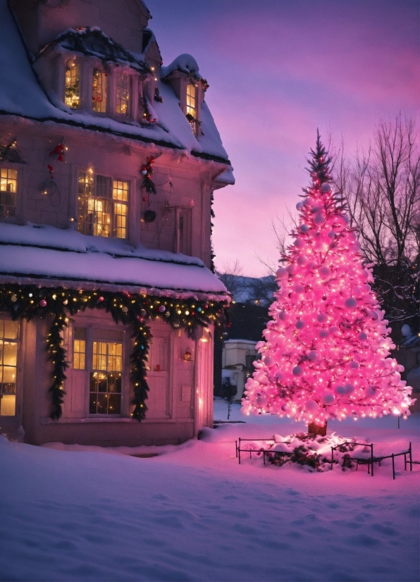 Christmas Tree, Sky, Snow, Building, Purple, Window