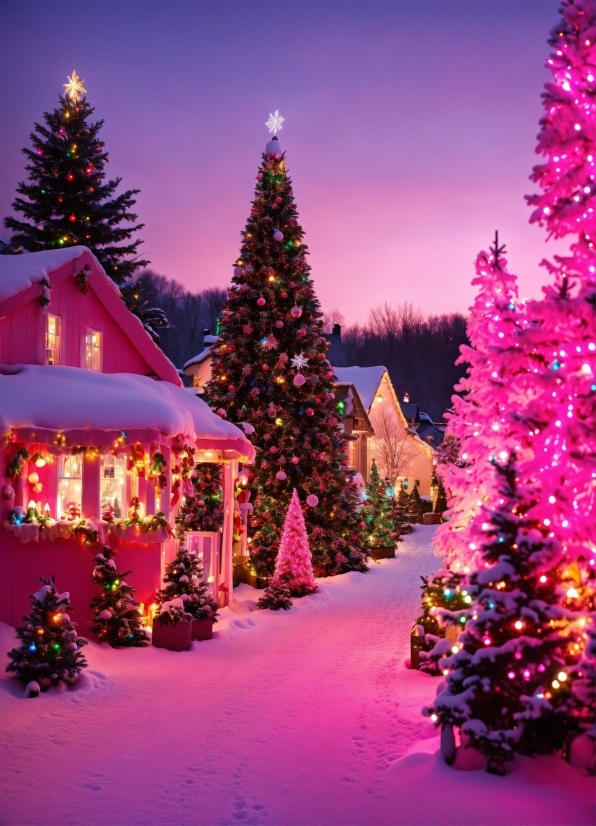 Christmas Tree, Sky, Snow, Christmas Ornament, Plant, Light