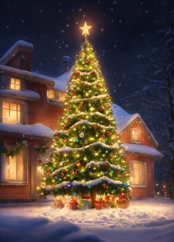 Christmas Tree, Sky, Snow, Light, Plant, World