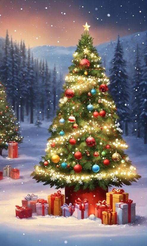 Christmas Tree, Sky, Snow, Photograph, Christmas Ornament, Light
