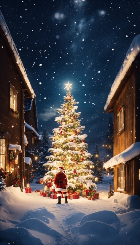Christmas Tree, Sky, Snow, Plant, World, Light