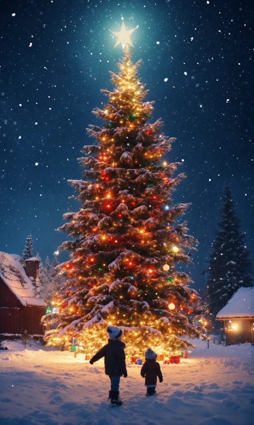Christmas Tree, Sky, Snow, Plant, World, Light