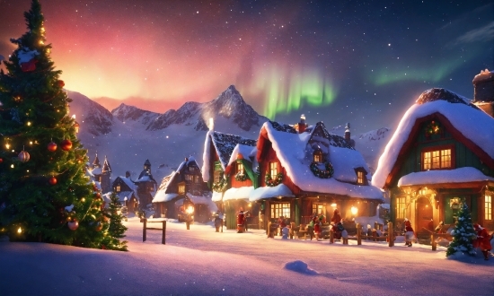 Christmas Tree, Sky, Snow, World, Light, Building