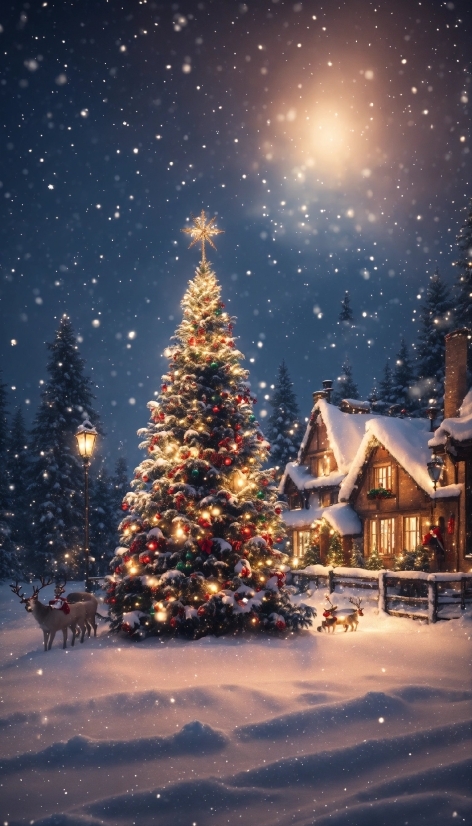 Christmas Tree, Sky, Snow, World, Plant, Light