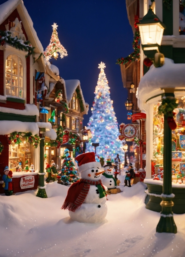 Christmas Tree, Sky, White, Snowman, World, Snow
