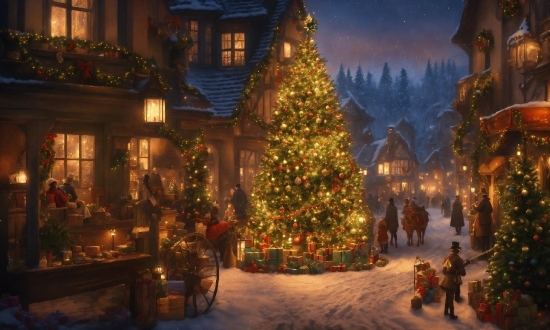 Christmas Tree, Sky, Window, Christmas Ornament, Snow, Plant