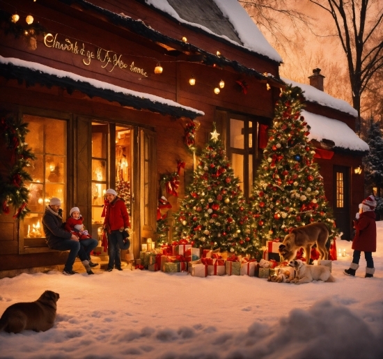 Christmas Tree, Snow, Dog, Plant, Lighting, Tree