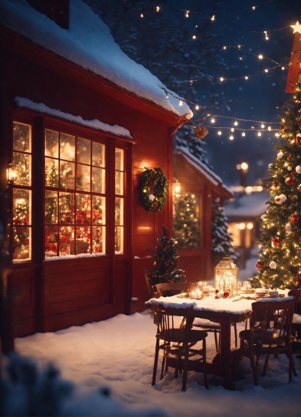 Christmas Tree, Snow, Furniture, Light, Table, Window