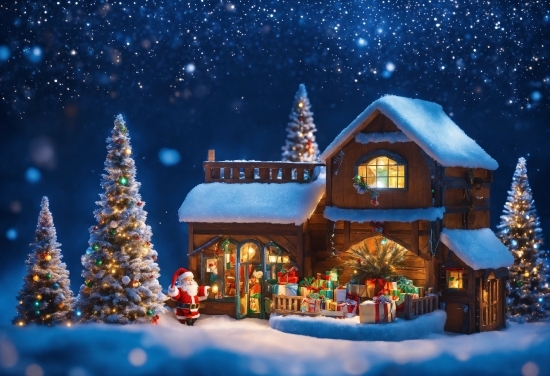 Christmas Tree, Snow, Light, Blue, House, Tree