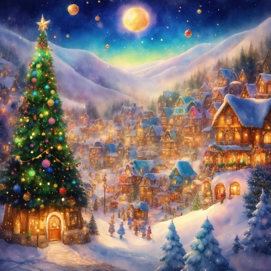 Christmas Tree, Snow, Light, Nature, Sky, World