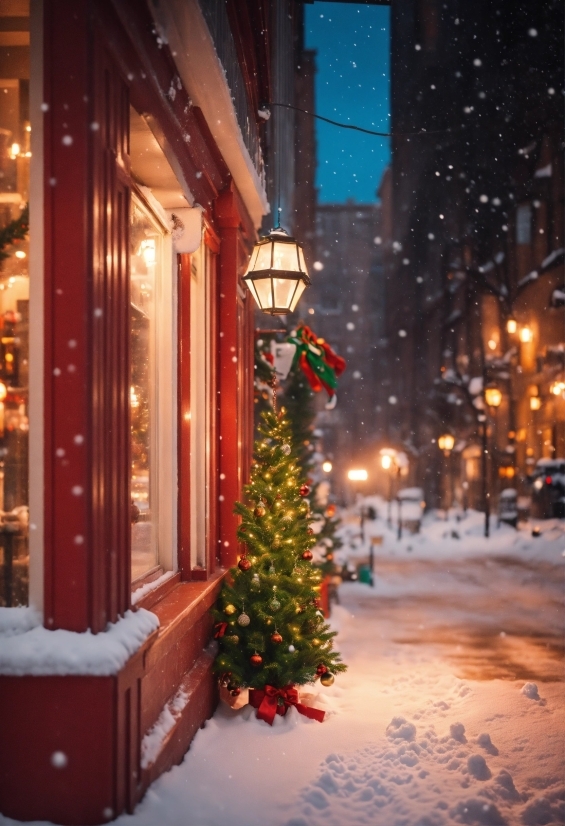 Christmas Tree, Snow, Light, Street Light, Building, Sky
