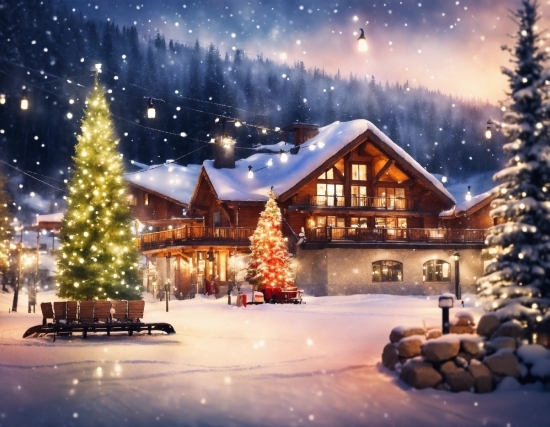 Christmas Tree, Snow, Light, Tree, Sky, Lighting