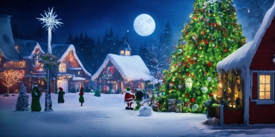 Christmas Tree, Snow, Moon, World, Light, Sky