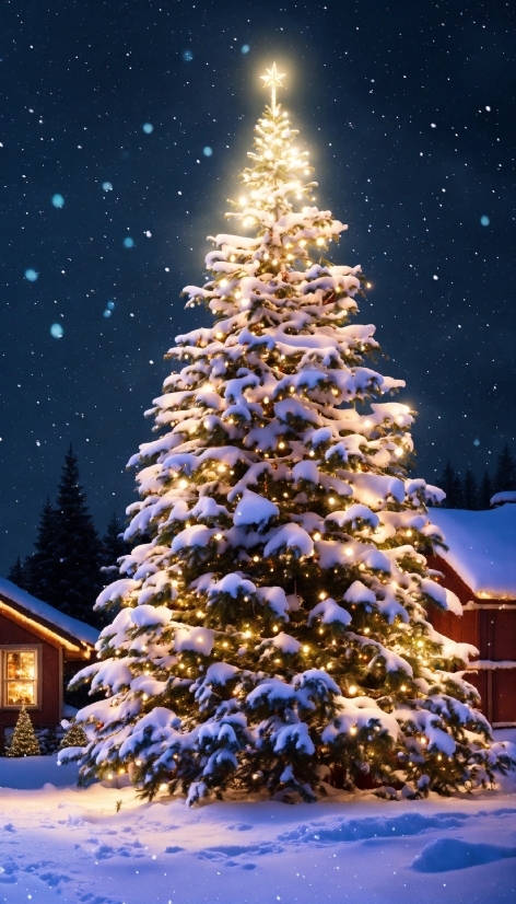 Christmas Tree, Snow, Plant, Sky, Light, Nature