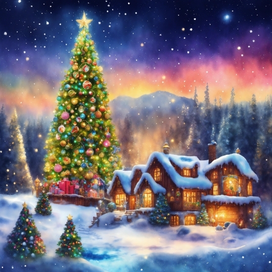 Christmas Tree, Snow, Plant, World, Light, Sky