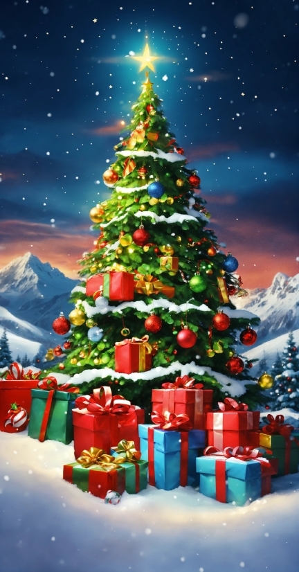 Christmas Tree, Snow, Sky, Christmas Ornament, World, Light