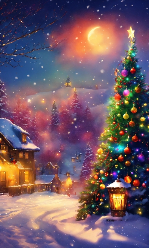 Christmas Tree, Snow, Sky, Plant, Light, Nature