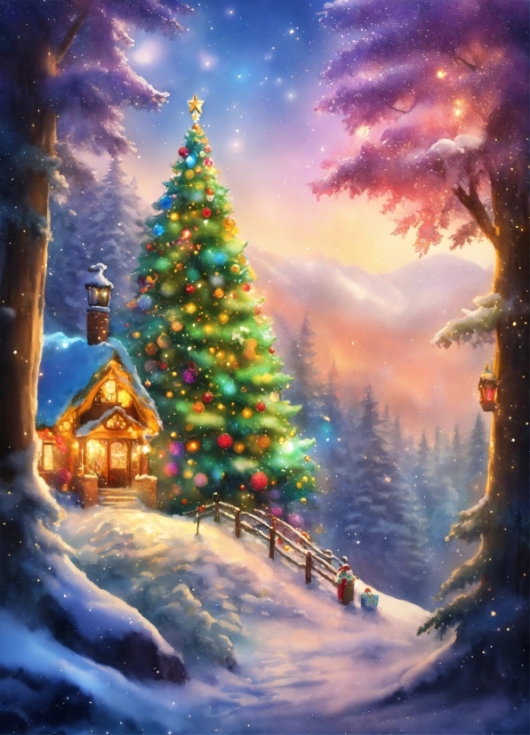 Christmas Tree, Snow, Sky, World, Light, Plant