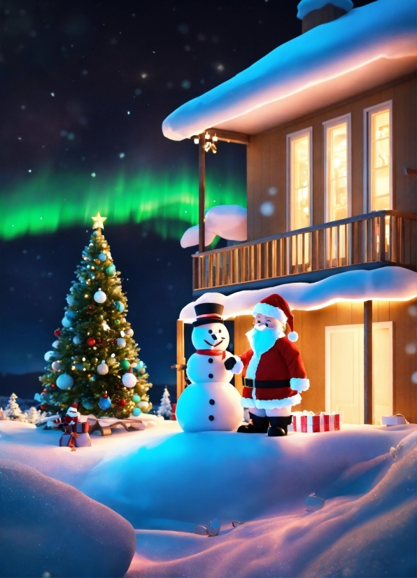 Christmas Tree, Snow, Snowman, White, World, Light