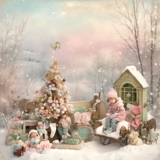 Christmas Tree, Snow, Toy, Window, Building, Cloud