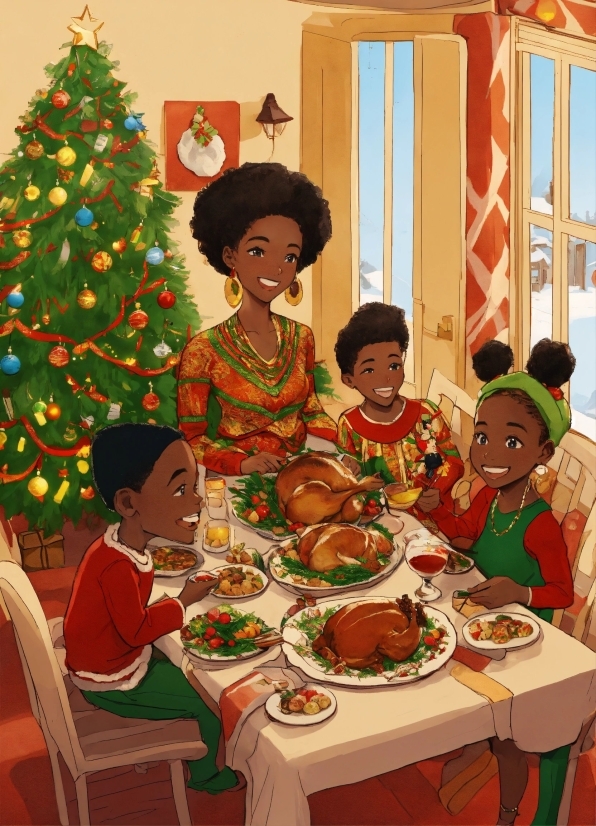 Christmas Tree, Table, Food, Furniture, Green, Tableware