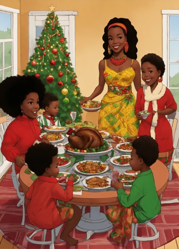 Christmas Tree, Table, Food, Green, Sharing, Chair
