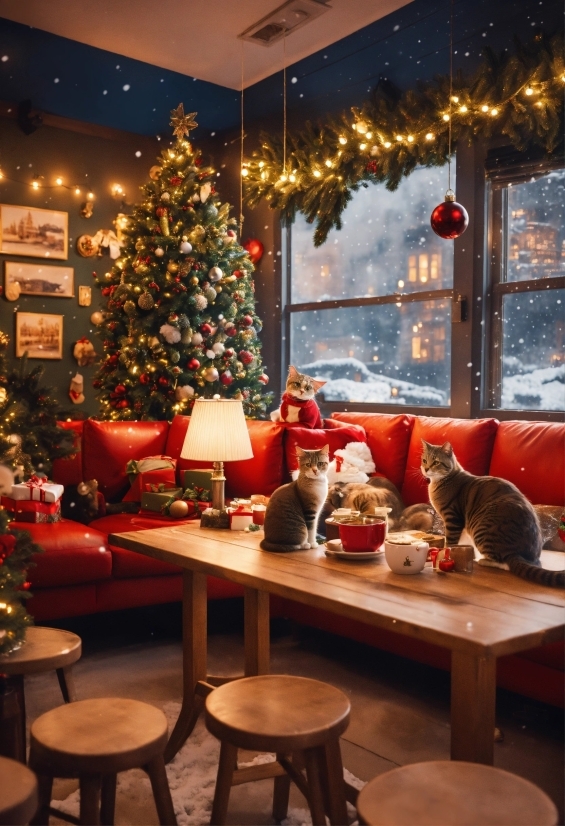 Christmas Tree, Table, Furniture, Cat, Light, Decoration
