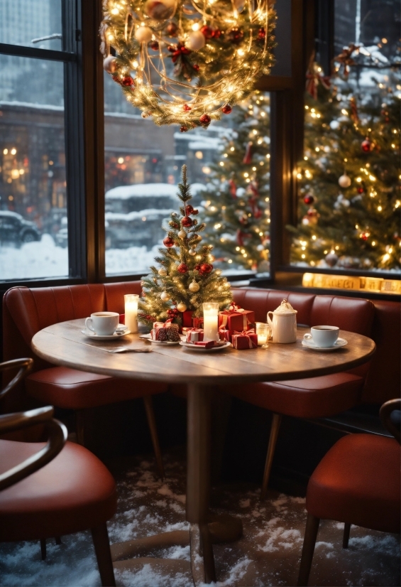 Christmas Tree, Table, Furniture, Window, Christmas Ornament, Light