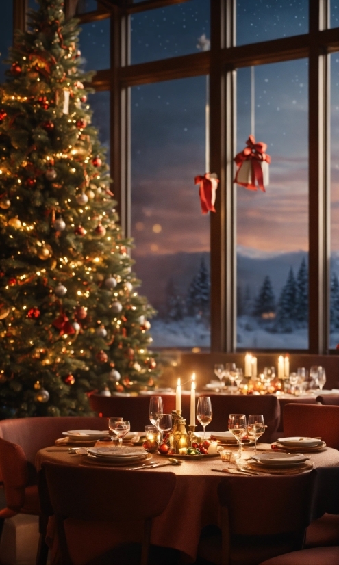 Christmas Tree, Table, Property, Furniture, Candle, Window