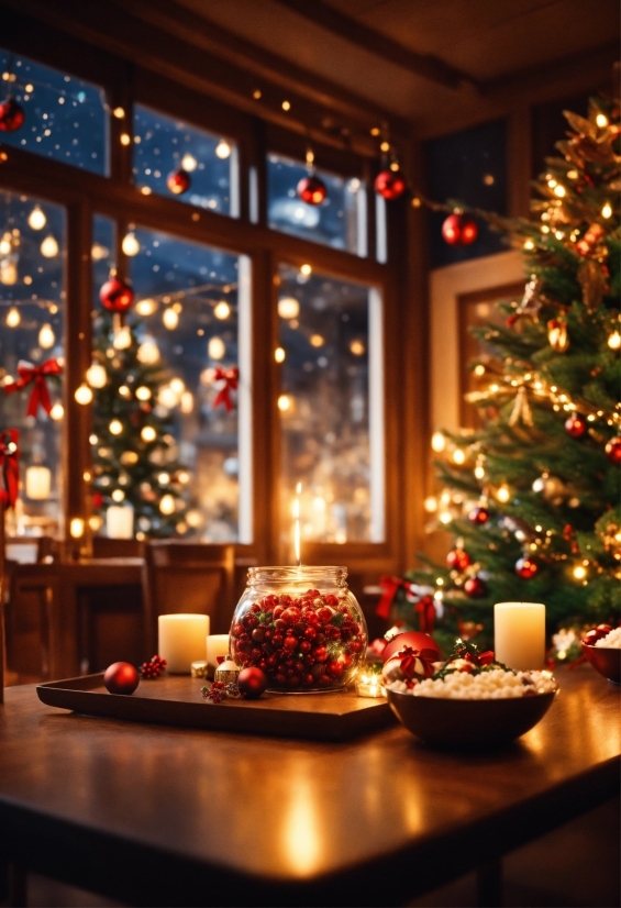 Christmas Tree, Table, Window, Light, Tableware, Lighting