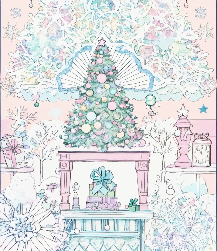 Christmas Tree, White, Pink, Aqua, Line, Art