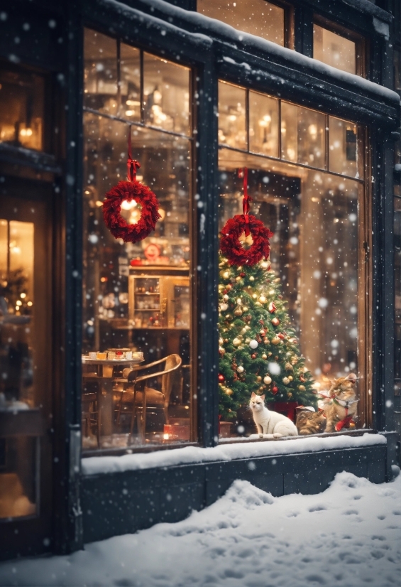 Christmas Tree, Window, Building, Snow, Christmas Decoration, Tree