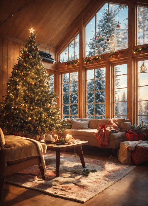 Christmas Tree, Window, Plant, Furniture, Couch, Building