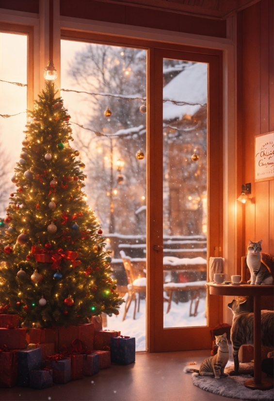 Christmas Tree, Window, Plant, Light, Christmas Ornament, Wood