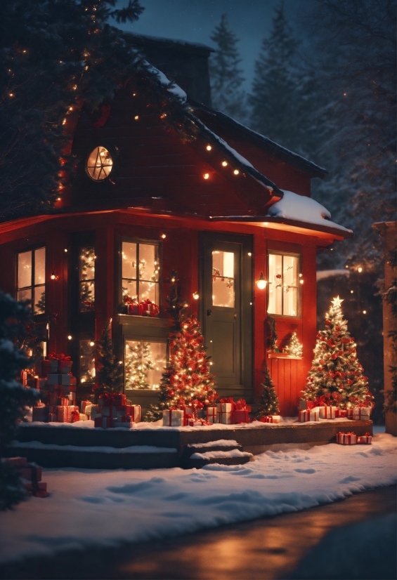 Christmas Tree, Window, Plant, Snow, Building, Sky