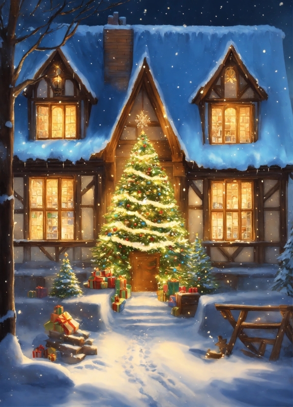 Christmas Tree, Window, Snow, Building, Light, Blue