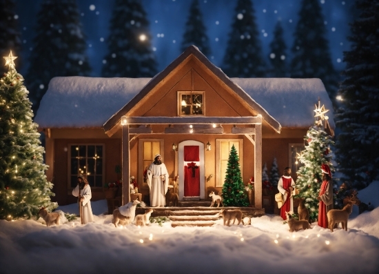 Christmas Tree, Window, Snow, Light, Plant, Tree