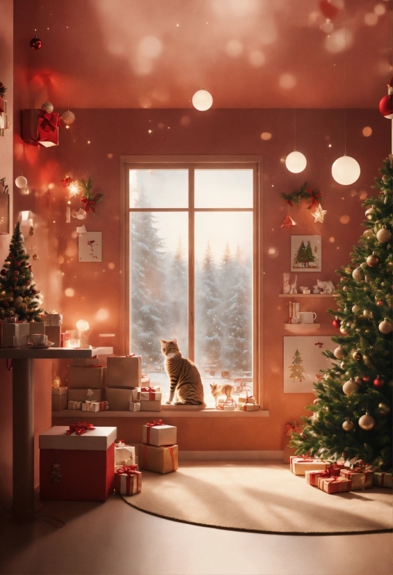 Christmas Tree, Window, White, Light, Interior Design, Lighting