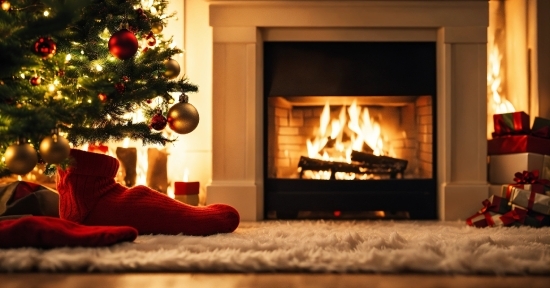 Christmas Tree, Wood, Hearth, Fire, Living Room, Fireplace