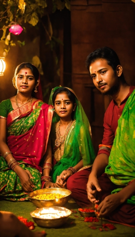 Clothing, Green, Human, Temple, Sari, Happy
