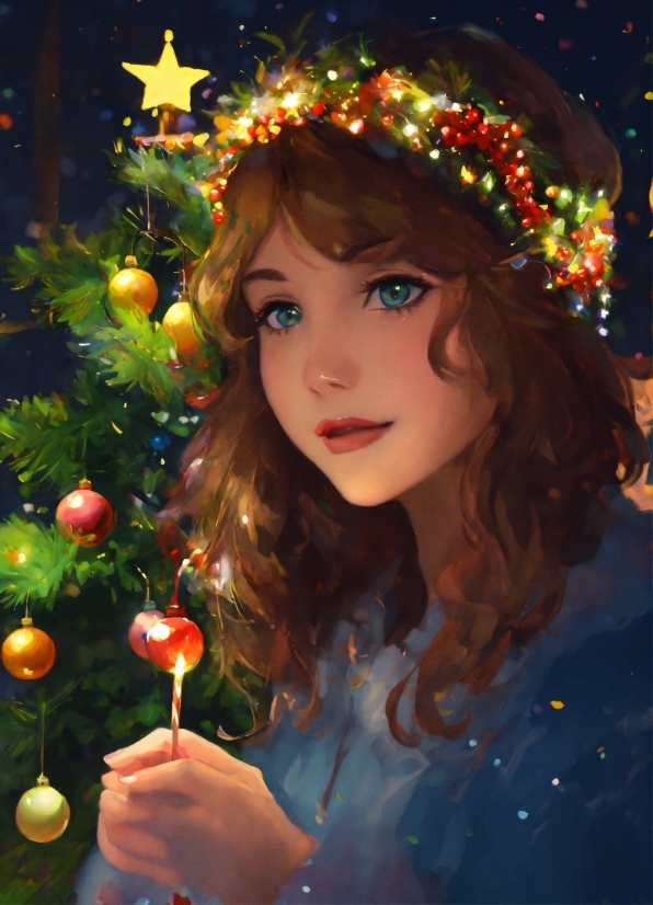 Clothing, Hair, Plant, Facial Expression, Christmas Ornament, Christmas Tree