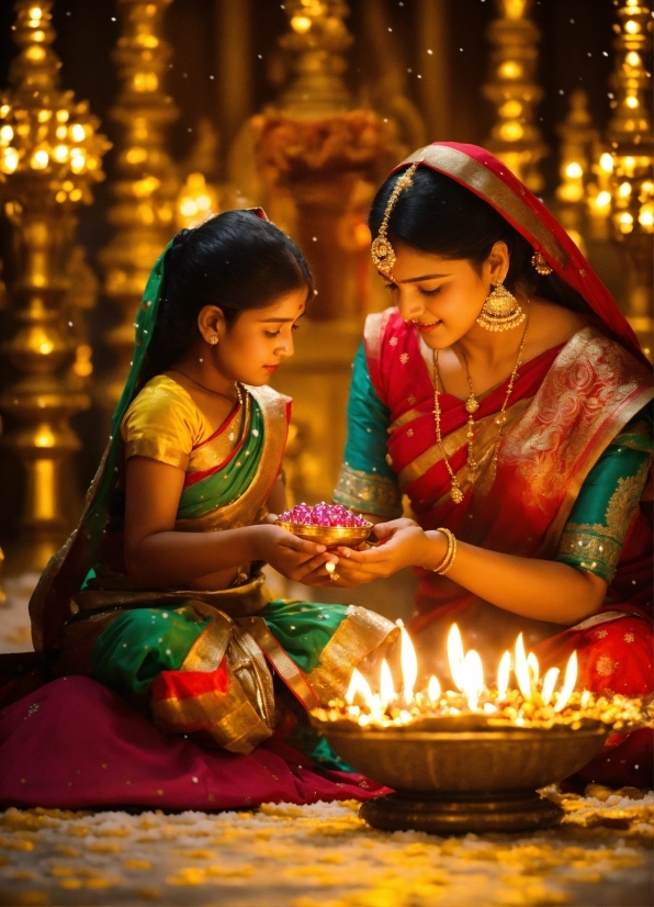Clothing, Sari, Temple, Happy, Candle, Food