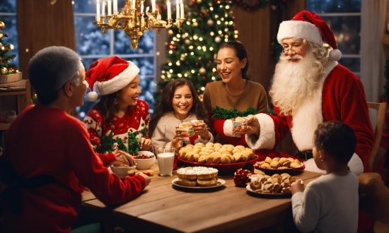 Clothing, Smile, Food, Table, Christmas Tree, Hat