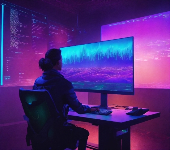 Computer, Furniture, Personal Computer, Light, Table, Purple