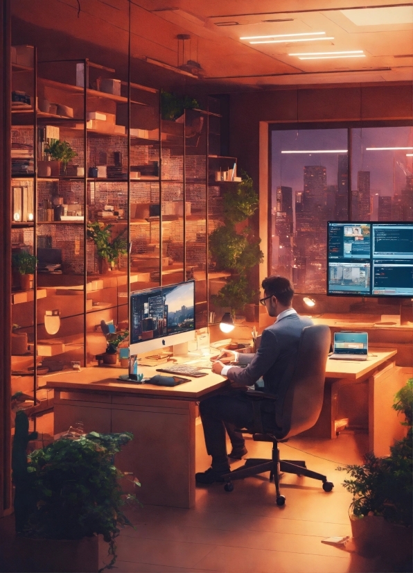 Computer, Furniture, Plant, Personal Computer, Table, Computer Monitor