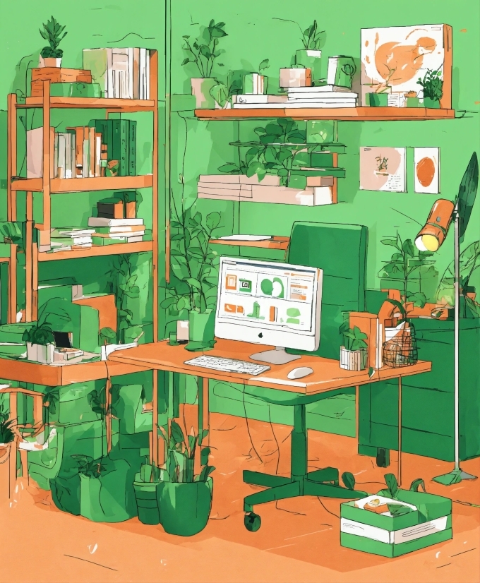 Computer, Green, Table, Personal Computer, Interior Design, Shelf