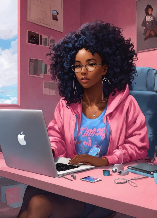 Computer, Hairstyle, Laptop, Personal Computer, Table, Jheri Curl