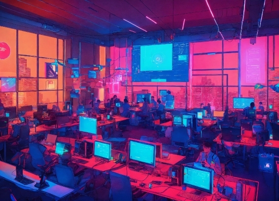 Computer, Personal Computer, Chair, Purple, Lighting, Building