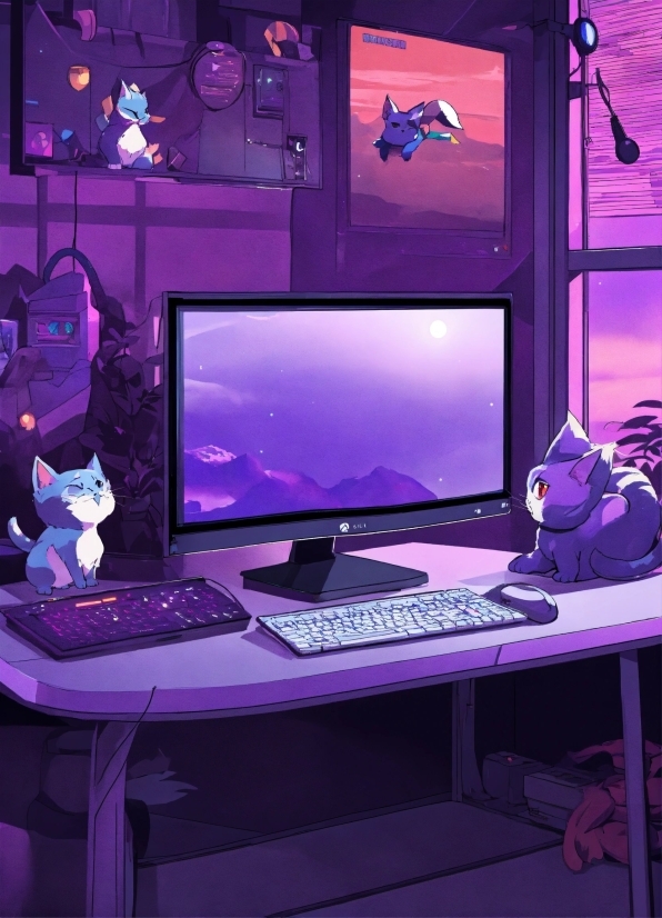Computer, Personal Computer, Computer Desk, Computer Keyboard, Peripheral, Purple