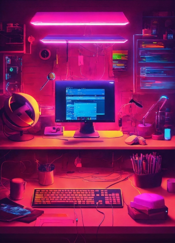 Computer, Personal Computer, Computer Keyboard, Peripheral, Light, Purple